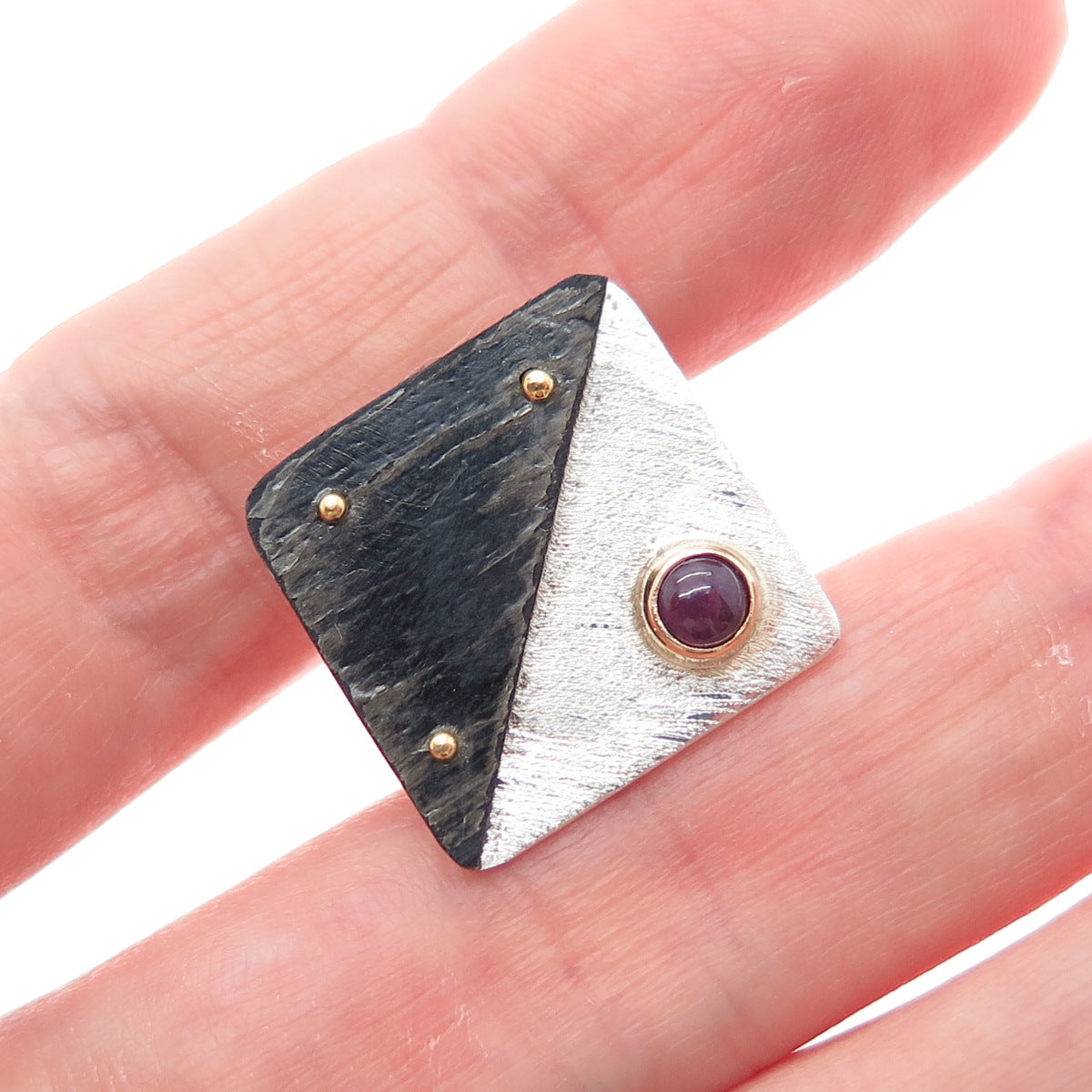 VICTOR ALFARO 14K Gold 925 Sterling Silver Vintage Real Ruby Modernist Lapel Pin