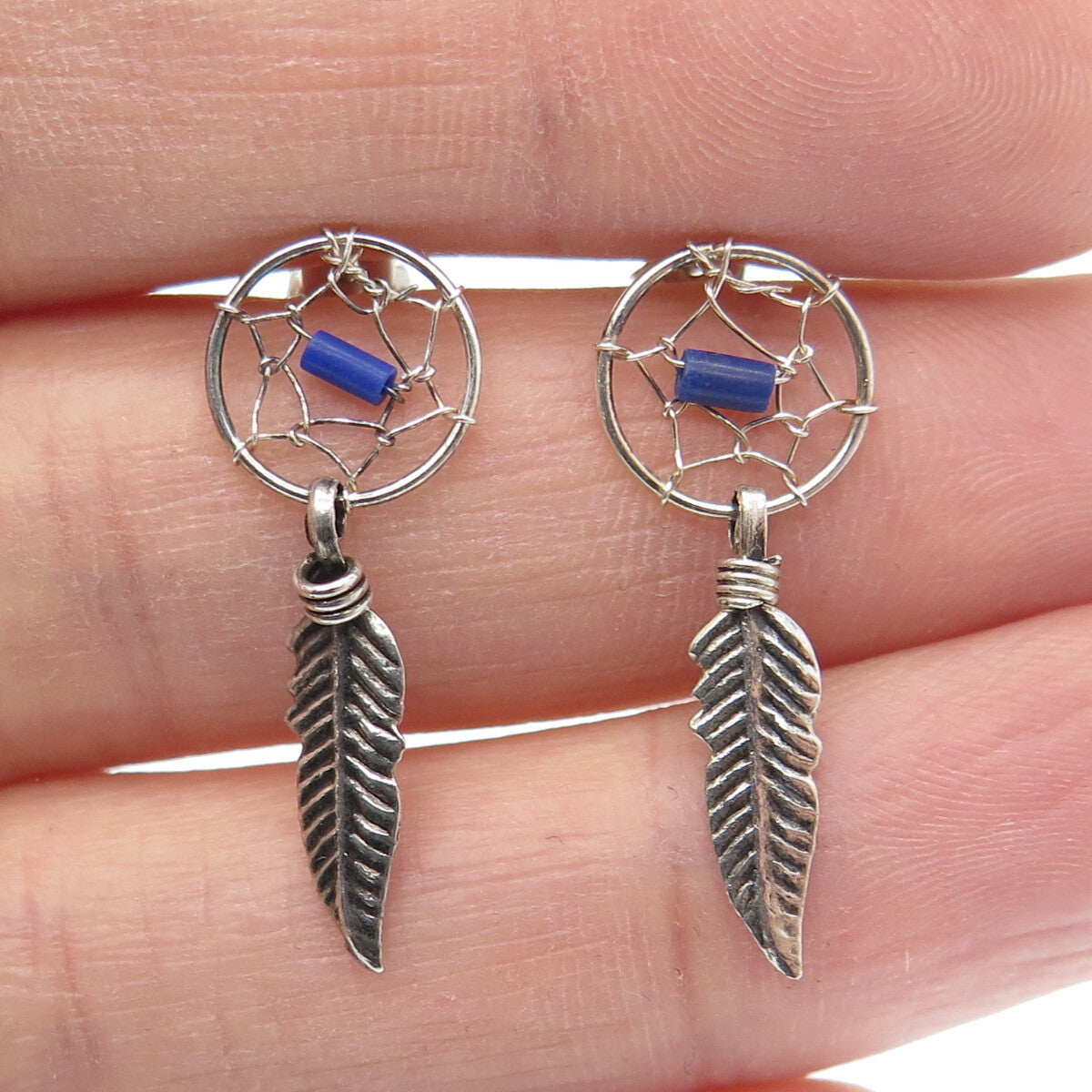 Old Pawn 925 Sterling Silver Vintage Lapis Dreamcatcher Feather Dangle Earrings