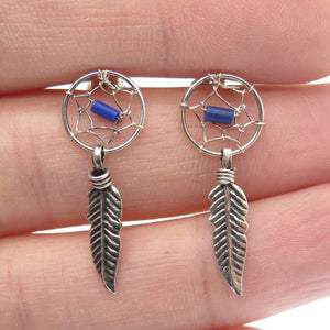 Old Pawn 925 Sterling Silver Vintage Lapis Dreamcatcher Feather Dangle Earrings