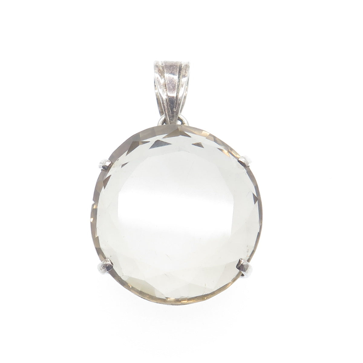 925 Sterling Silver Vintage Real Round-Cut Smoky Quartz Pendant