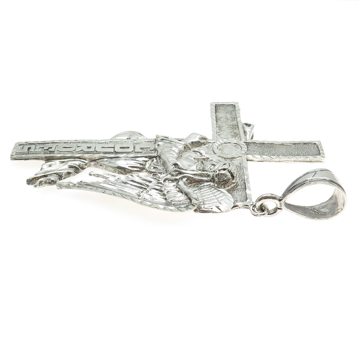 1 OF A KIND 925 Sterling Silver Vintage Lourdes Cross Angel Religious Pendant