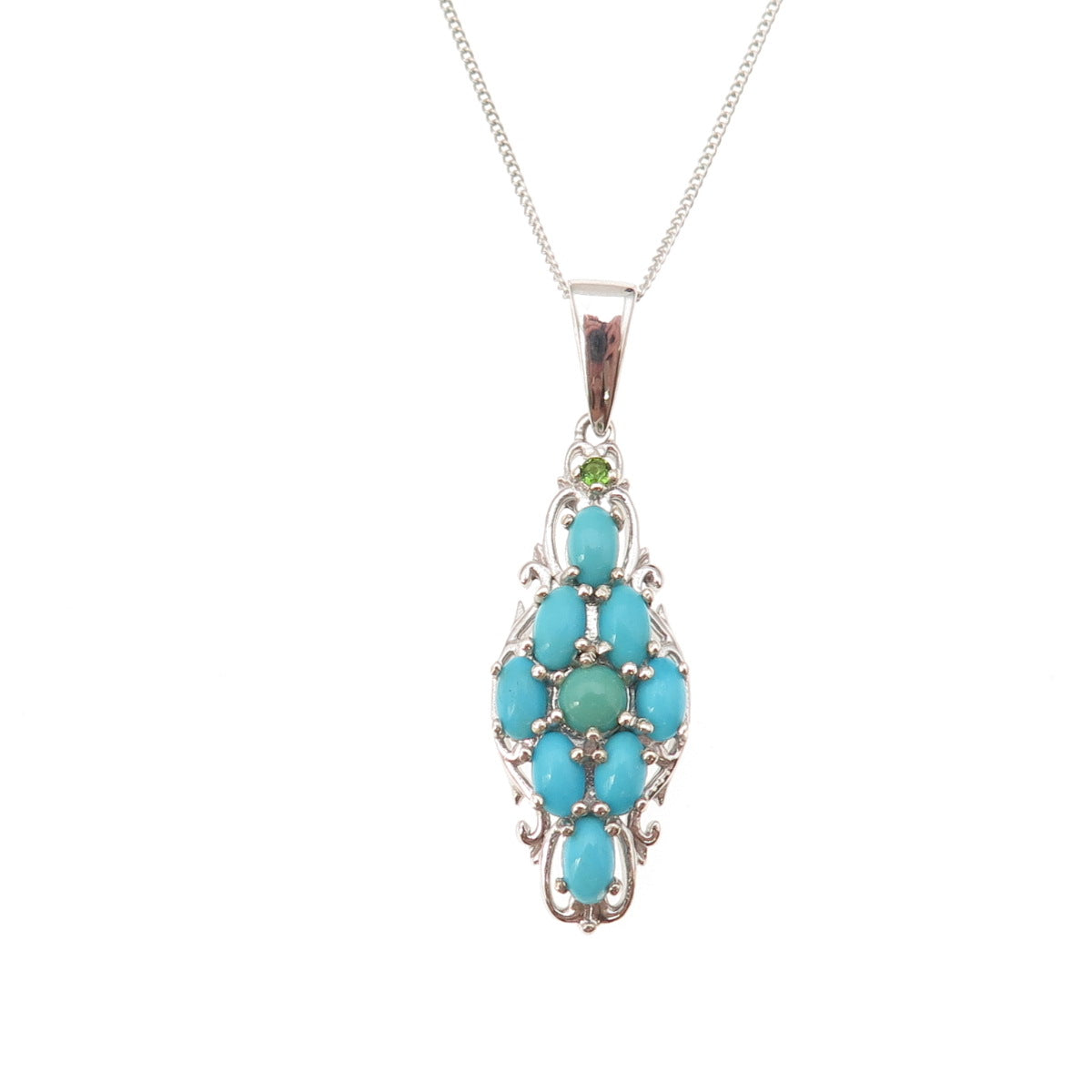 Chuck Clemency Sterling Silver Real Turquoise & Peridot Curb Chain Necklace 20"
