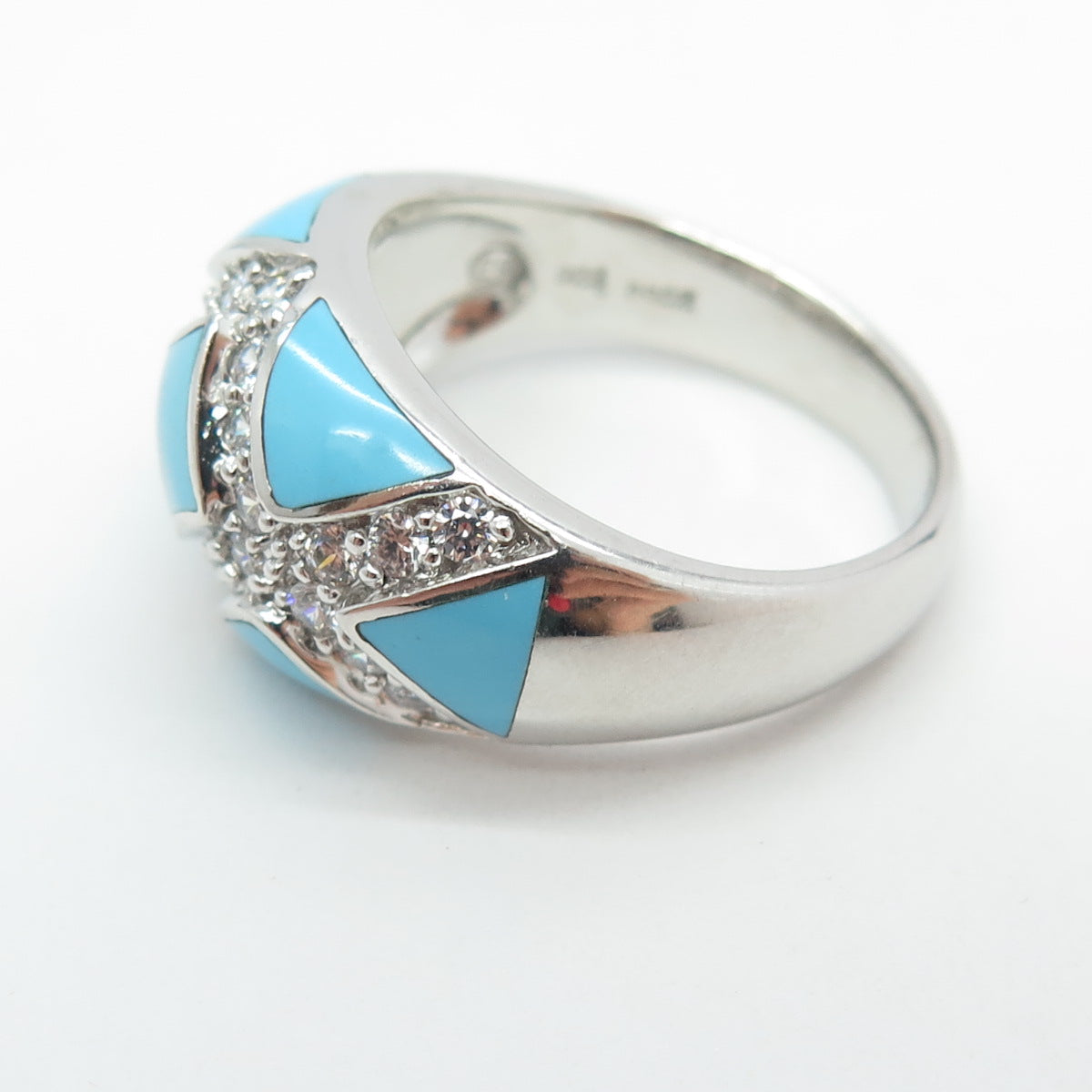 925 Sterling Silver Real Turquoise & Round-Cut C Z "X" Dome Ring Size 11