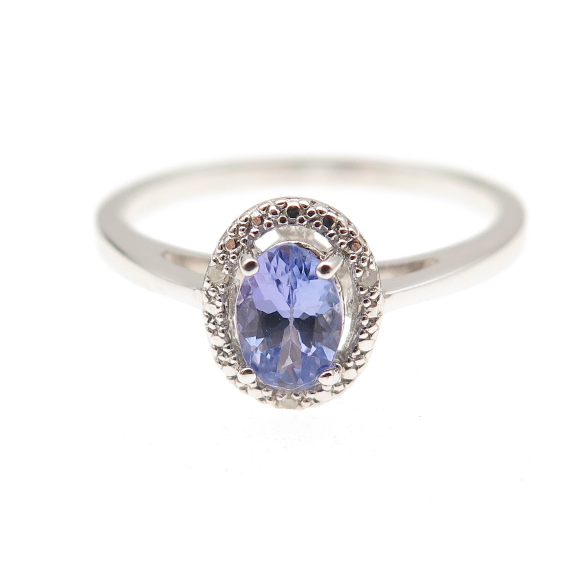 925 Sterling Silver Real Round-Cut Diamond & Oval-Cut Tanzanite Ring Size 8