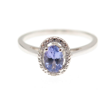 925 Sterling Silver Real Round-Cut Diamond & Oval-Cut Tanzanite Ring Size 8