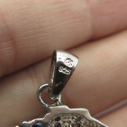 925 Sterling Silver Lab-Opal Blue & White C Z Catholic Lourdes Religious Pendant