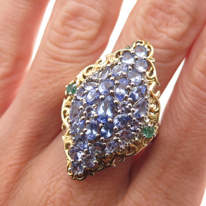 Chuck Clemency 925 Sterling Silver 2-Tone Real Tanzanite & Emerald Ring Size 8.5