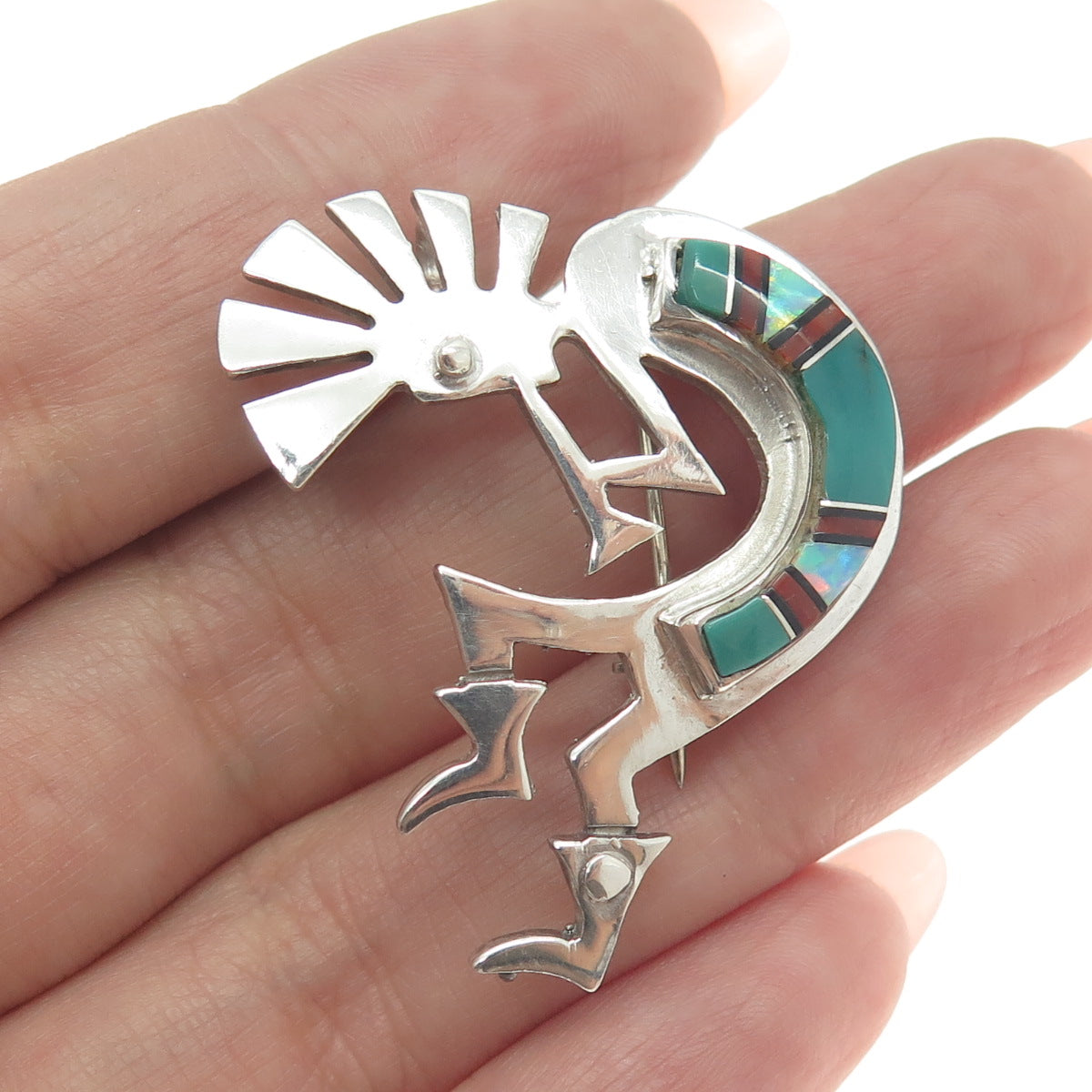 CHARLIE BOWIE NAVAJO Old Pawn Sterling Silver Multi-Gem Kokopelli Pin Pendant