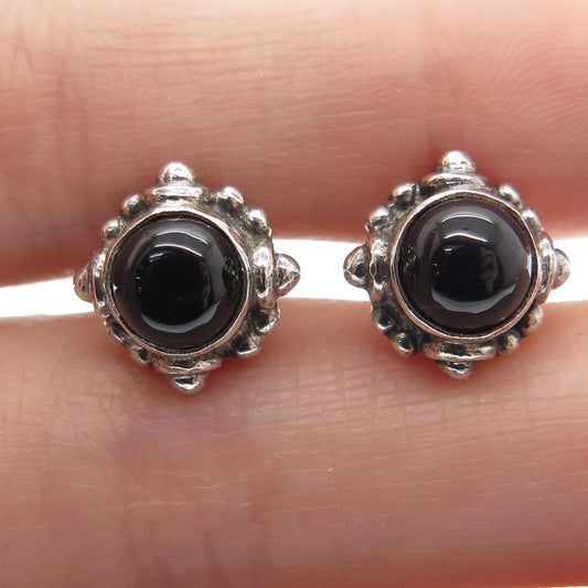 925 Sterling Silver Vintage Real Black Onyx Gemstone Stud Earrings