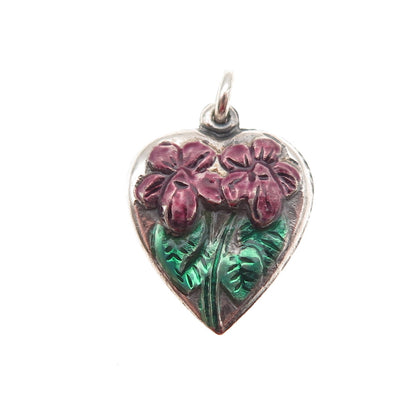 925 Sterling Silver Antique Art Deco Enamel Floral Chatelaine Heart Mini Pendant
