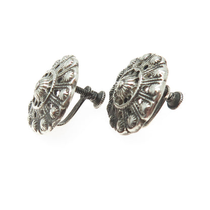 925 Sterling Silver Antique Art Deco Real Marcasite Floral Screw Back Earrings