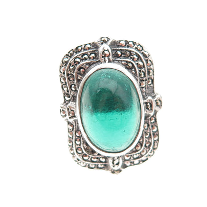 925 Sterling Silver Antique Art Deco Real Marcasite & Green Glass Ring Size 4