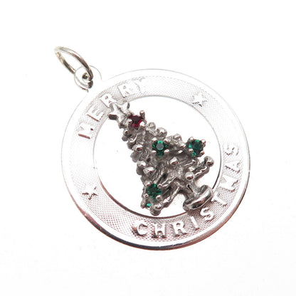 925 Sterling Silver Vintage Rhinestone Merry Christmas Tree Charm Pendant