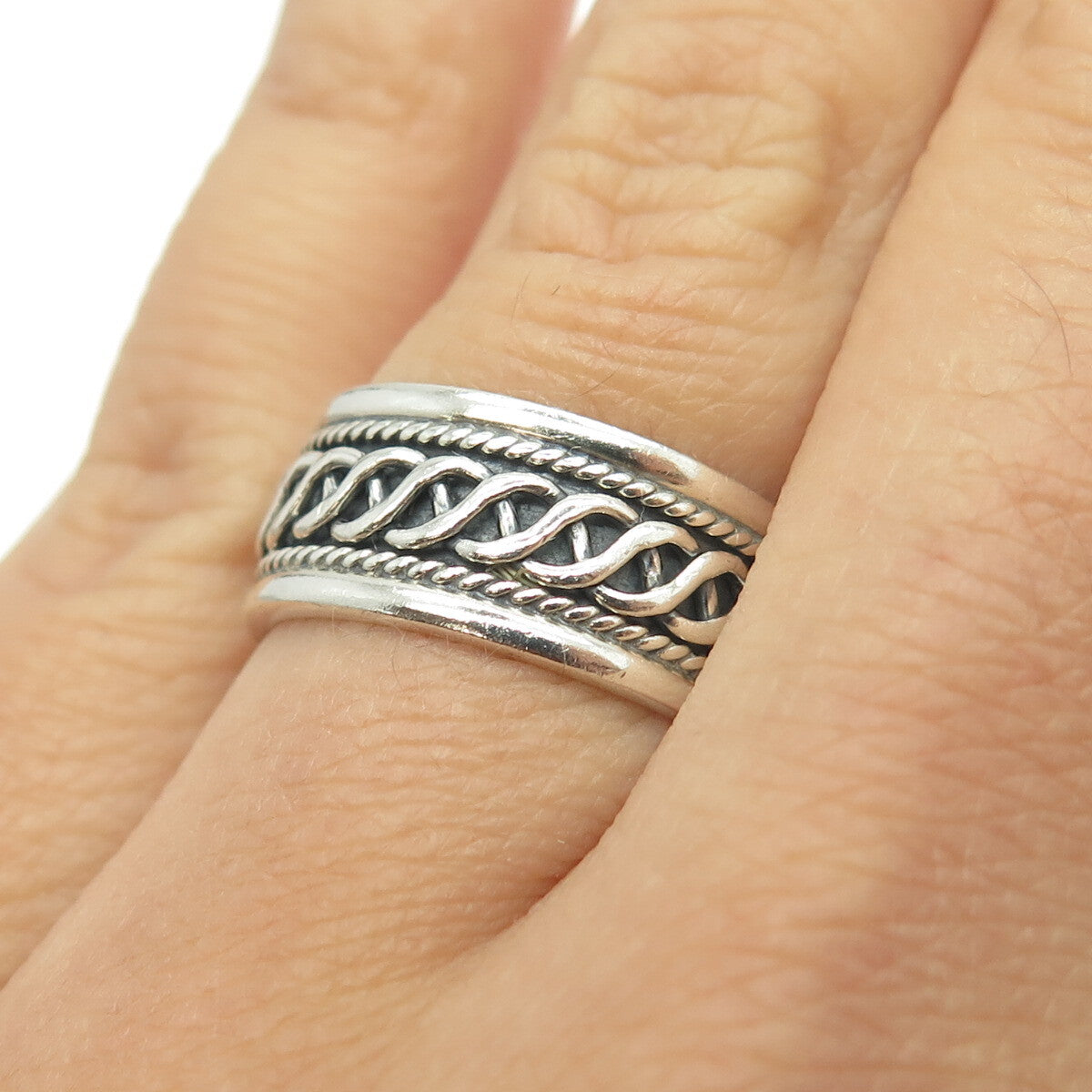 925 Sterling Silver Vintage All Around Chain Link Band Ring Size 6.75