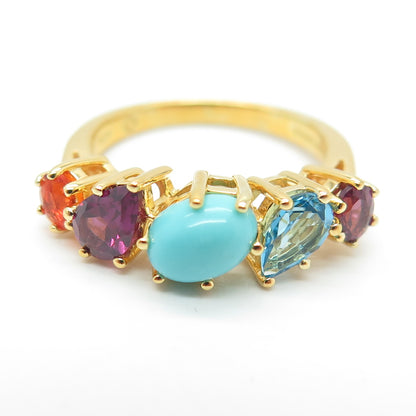 925 Sterling Silver Gold Plated Real Turquoise Amethyst Topaz & Opal Ring Size 6