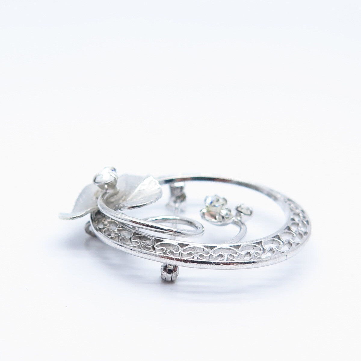 925 Sterling Silver Vintage Carl Art Rhinestone Leaf Pin Brooch