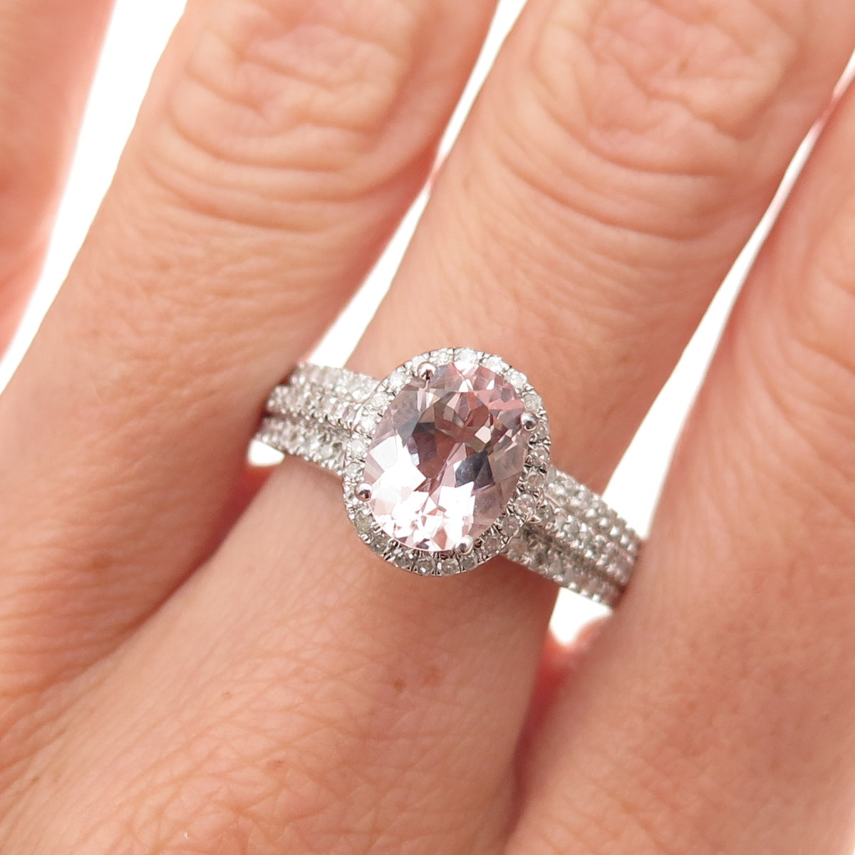 Lotus 925 Sterling Silver Real Diamond & Morganite Ring Size 10