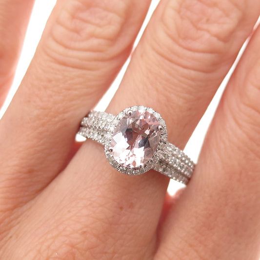 Lotus 925 Sterling Silver Real Diamond & Morganite Ring Size 10