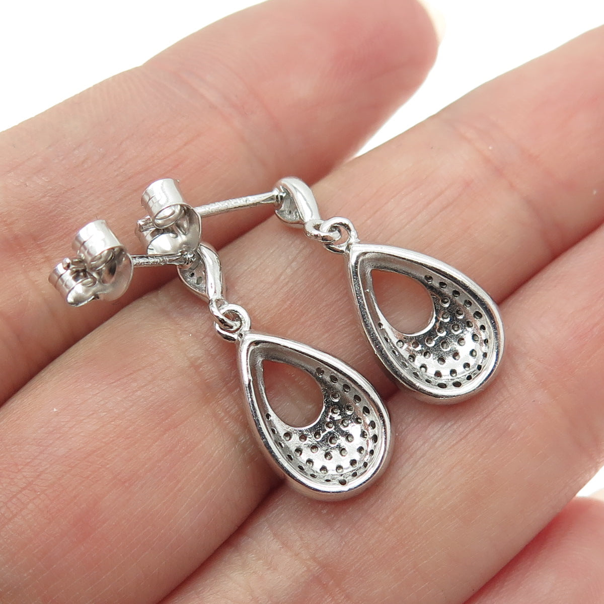 925 Sterling Silver Real Round-Cut Diamond Teardrop Dangling Earrings