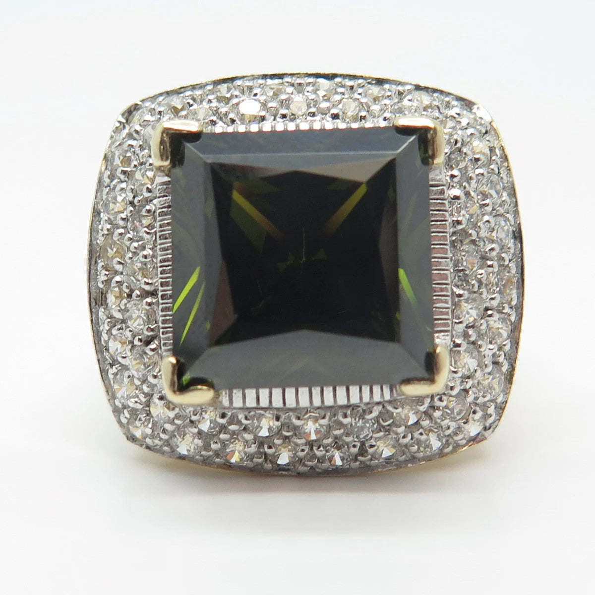 925 Sterling Silver Gold Plated Seta Green & White C Z Square Ring Size 7.25