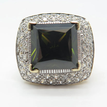 925 Sterling Silver Gold Plated Seta Green & White C Z Square Ring Size 7.25