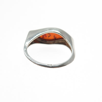 925 Sterling Silver Vintage Real Amber Modernist Wavy Ring Size 9
