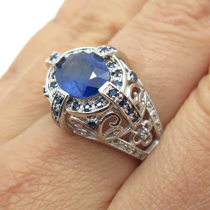 DSMK 925 Sterling Silver Sapphire & White Topaz Gem Ornate Dome Ring Size 7.25