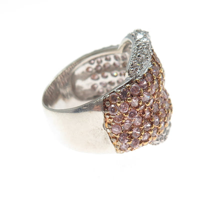 925 Sterling Silver 2-Tone Round-Cut Pink & White C Z Belt Buckle Ring Size 7