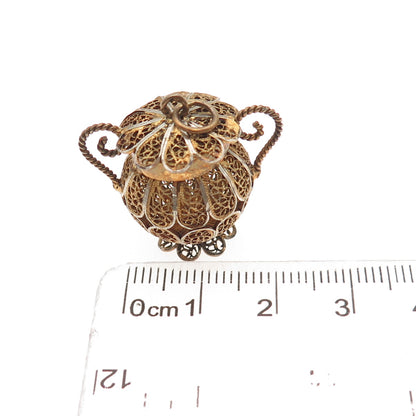833 Silver Gold Plated Antique Art Deco Portugal Filigree Pot 3D Charm Pendant