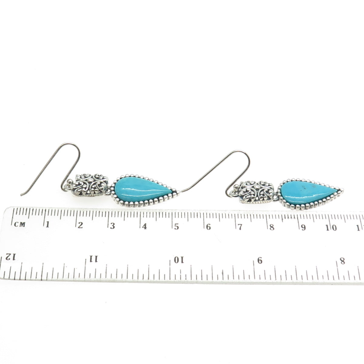 925 Sterling Silver Vintage Real Pear-Cut Turquoise Floral Ornate Earrings