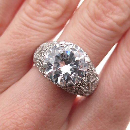 925 Sterling Silver Round-Cut C Z Floral Scroll Ring Size 9