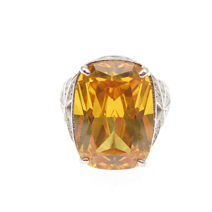 925 Sterling Silver Radiant-Cut Canary & Round-Cut White C Z Ring Size 7.5