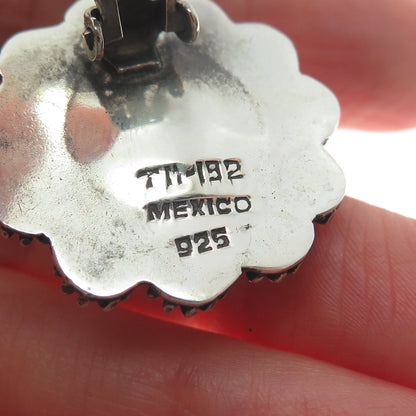 925 Sterling Silver Vintage Mexico Cannetille Floral Oxidized Clip On Earrings
