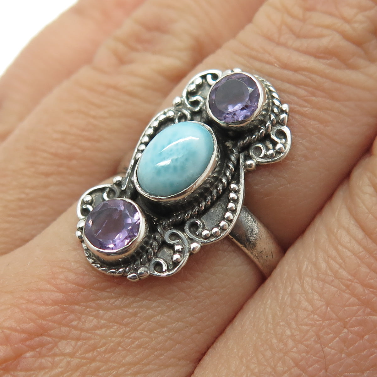 925 Sterling Silver Vintage Real Larimar & Amethyst Oxidized Ring Size 7.25