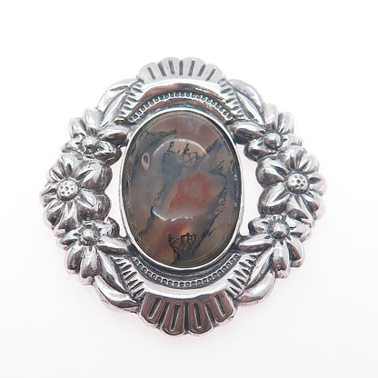 925 Sterling Silver Vintage Real Moss Agate Flower Oxidized Slide Pendant