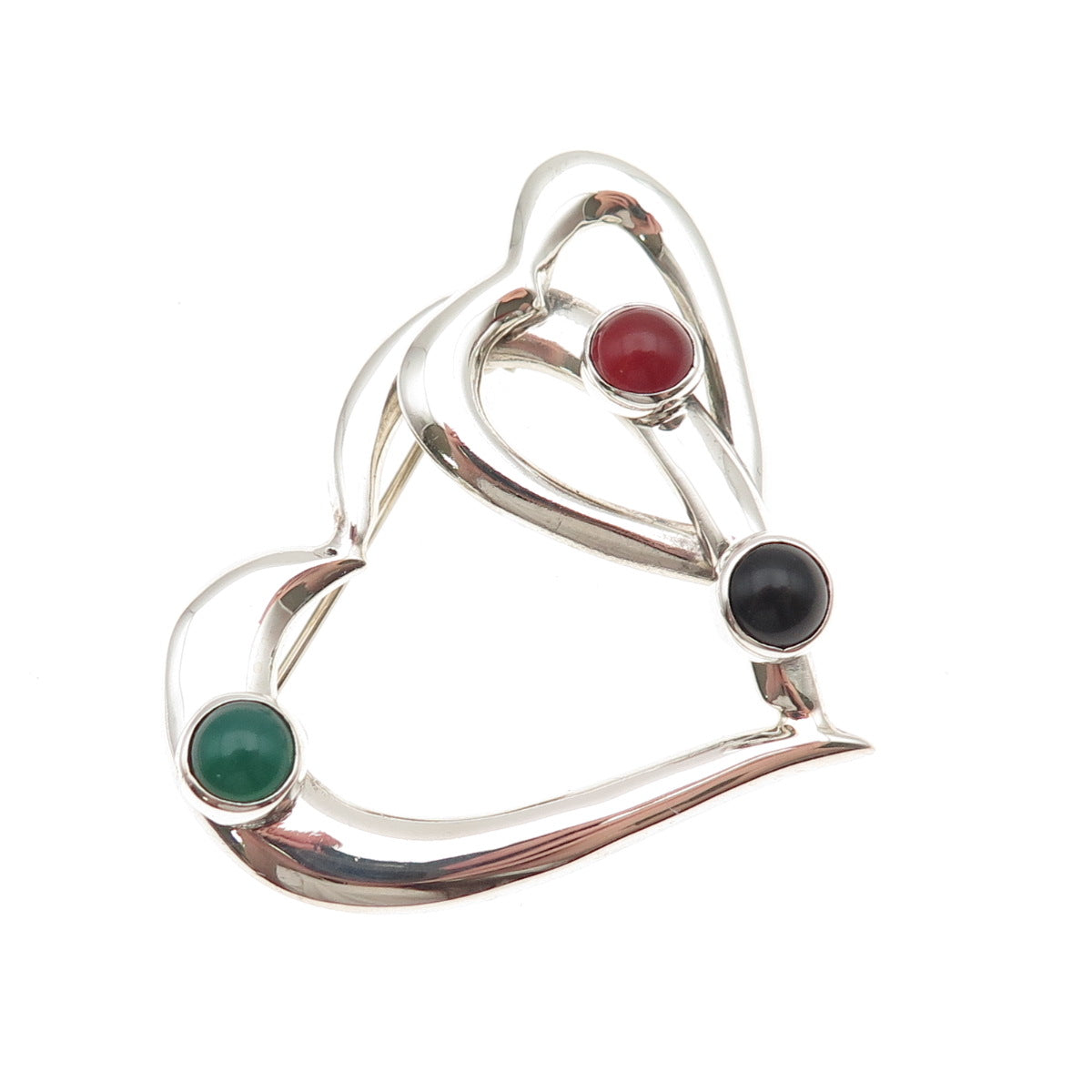 925 Sterling Vintage Mexico Real Green & Black Onyx Carnelian Heart Pin Brooch