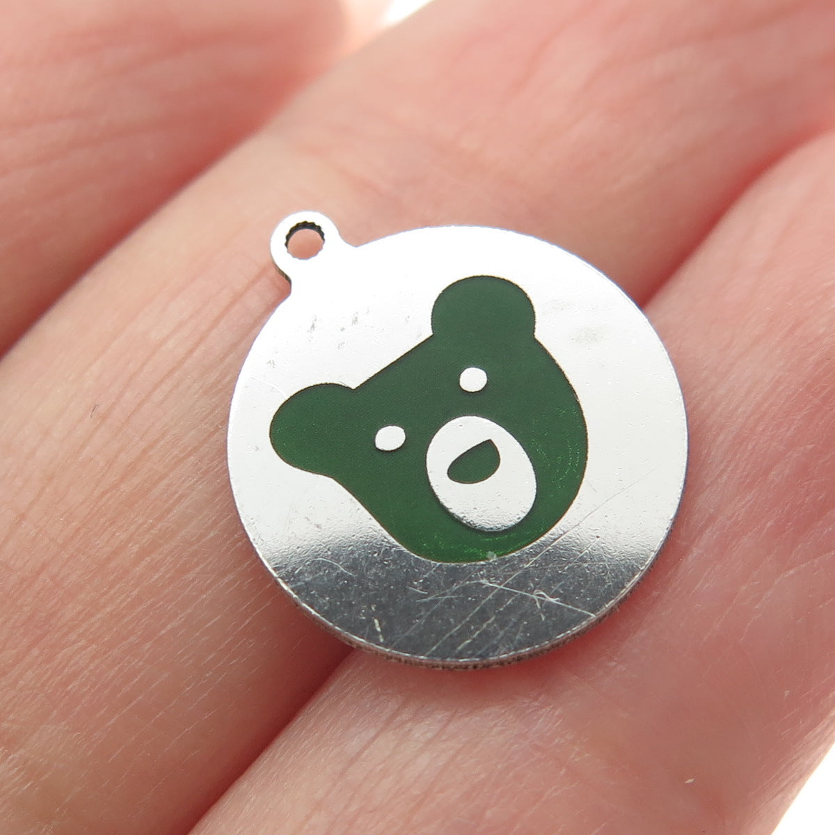 925 Sterling Silver Green Enamel Teddy Bear Round Tag Minimalist Charm Pendant