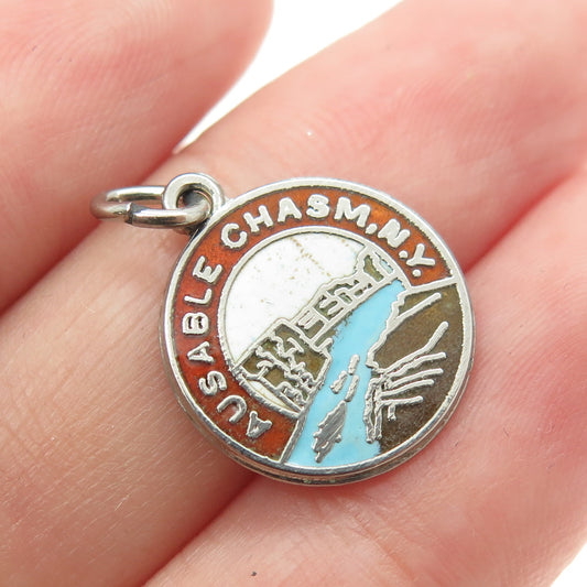 925 Sterling Silver Vintage Enamel Ausable Chasm NY Charm Pendant