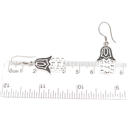 925 Sterling Silver Vintage Tulip Floral Hamsa Amulet Oxidized Dangle Earrings