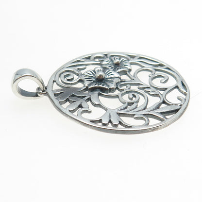 925 Sterling Silver Vintage Floral Ornate Round Pendant