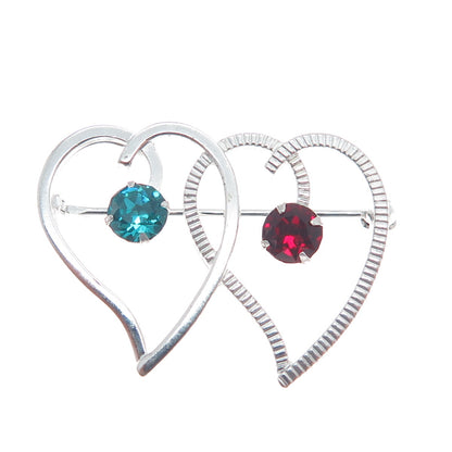 VAN DELL 925 Sterling Silver Antique Art Deco Blue & Red Rhinestone Heart Brooch