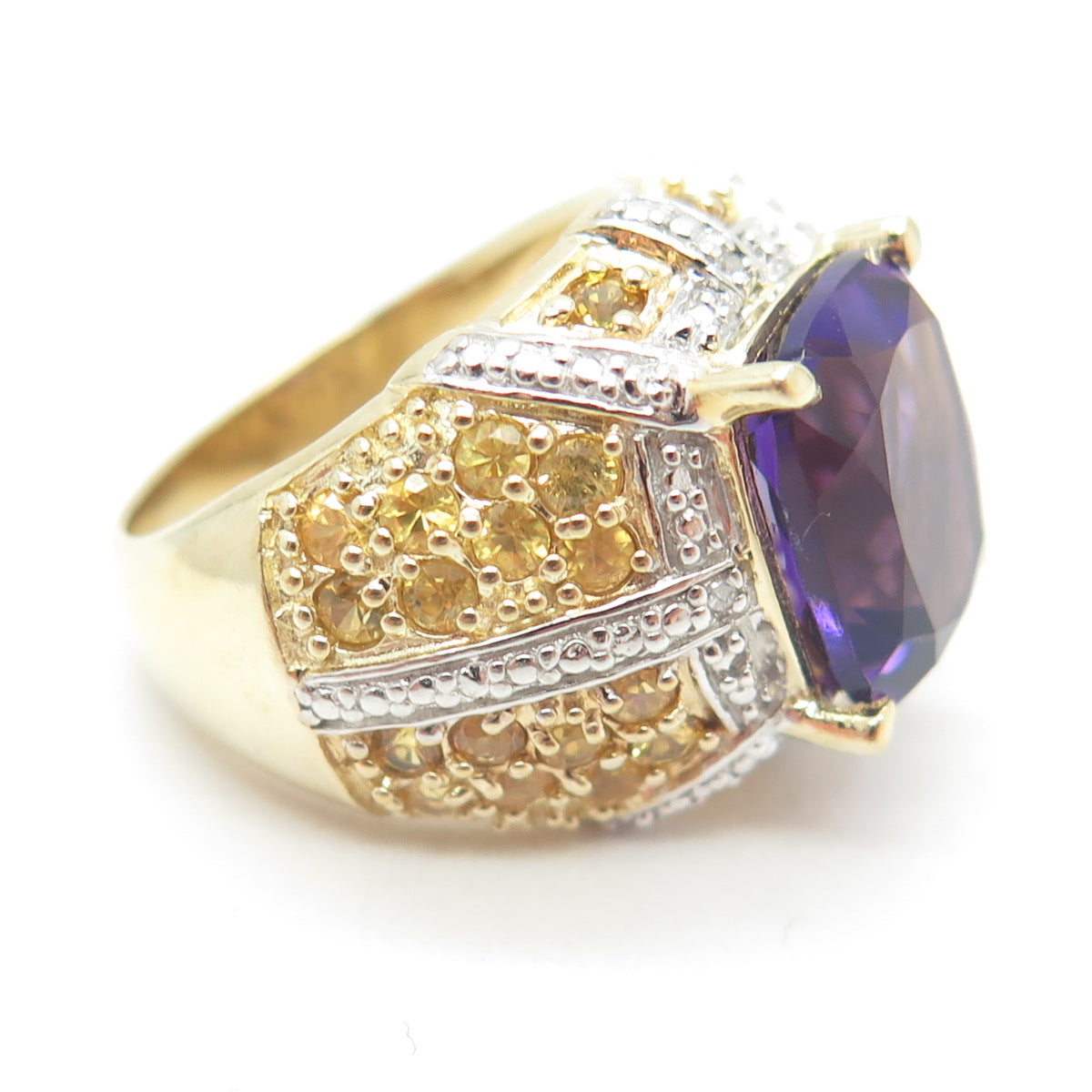 KH Creation Sterling Silver 2-Tone Real Diamond Amethyst & Citrine Ring Size 6