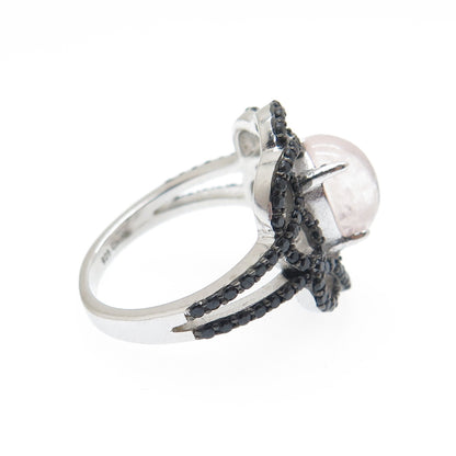 925 Sterling Silver Real Rose Quartz & Black Spinel Floral Ring Size 5
