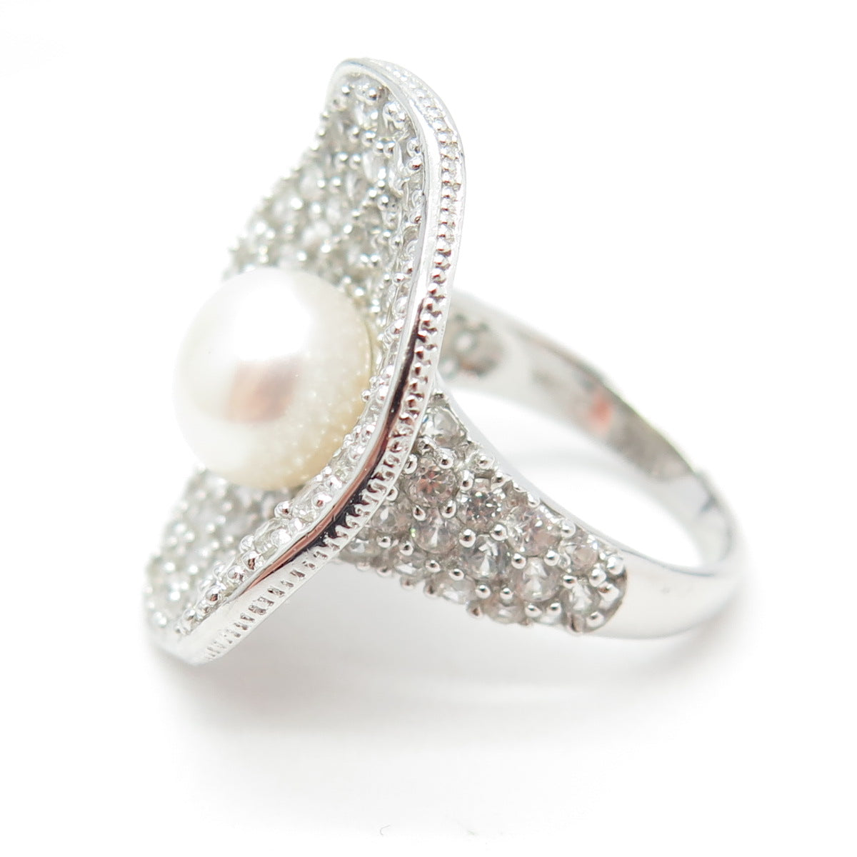 925 Sterling Silver Real White Topaz & Pearl Modernist Floral Ring Size 7