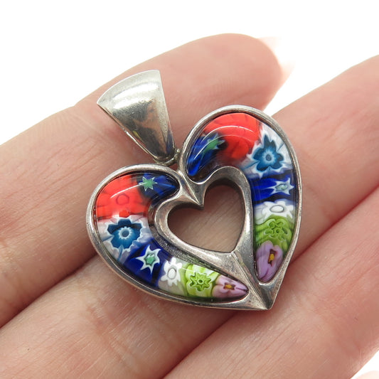 925 Sterling Silver Vintage Multi-Color Murano Glass Floral Heart Pendant