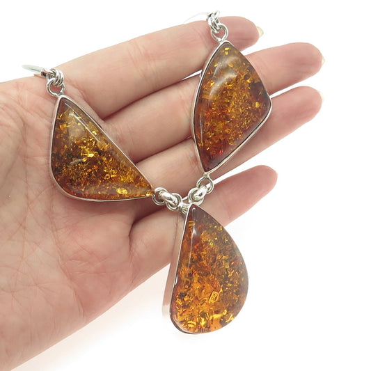 925 Sterling Silver Vintage Real Amber Modernist Tube Chain Necklace 18"