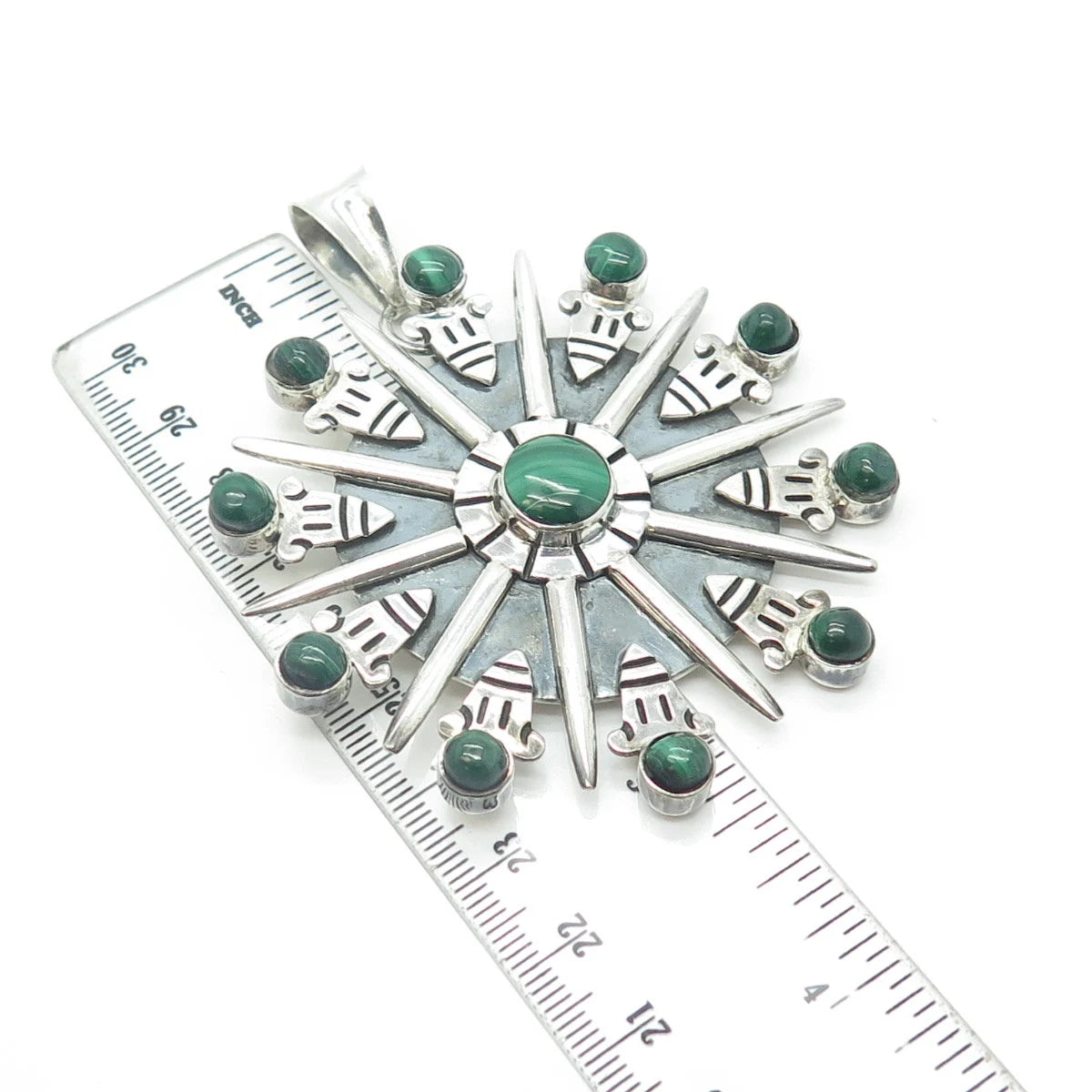 925 Sterling Silver Vintage Mexico Real Malachite Fortune Wheel Pendant