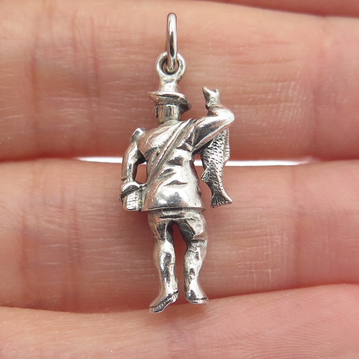 925 Sterling Silver Antique Art Deco Fisherman Minimalist 3D Charm Pendant