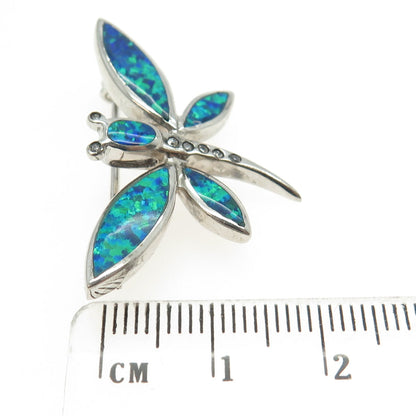 925 Sterling Silver Real Opal Gem Inlay & C Z Dragonfly Pin Brooch