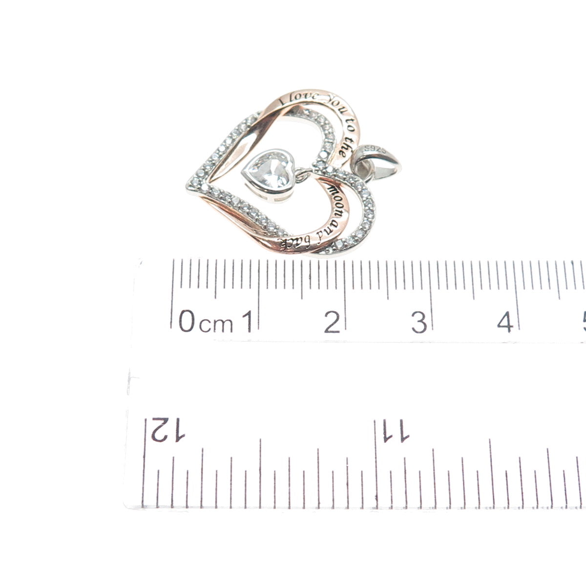925 Sterling Silver 2-Tone C Z I Love You To The Moon & Back Heart Charm Pendant